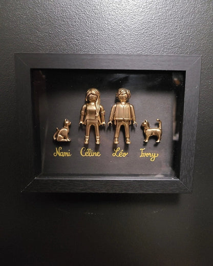 cadre playmobil custom, vue rapprochée figurines dorées et prénoms