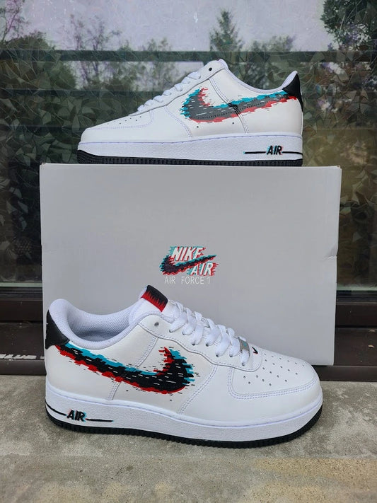 Sneakers Custom GLITCH – Air Force 1 blanche – effet numérique pixelisé