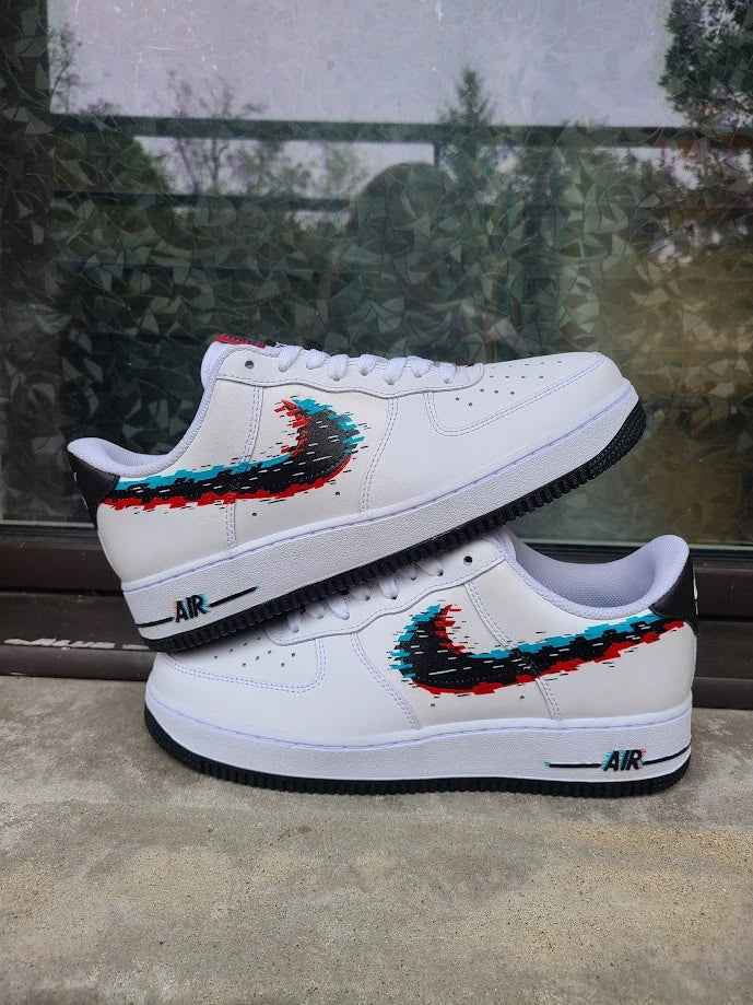 Sneakers Custom GLITCH – Air Force 1 blanche – effet numérique pixelisé