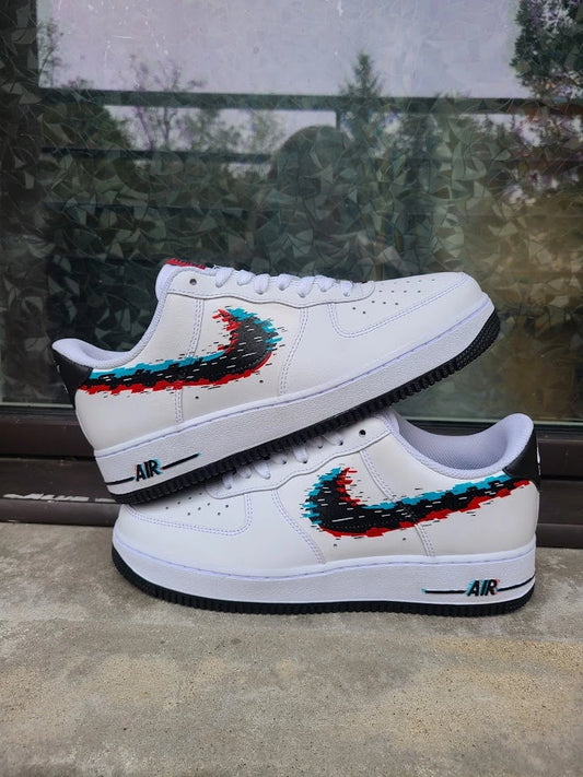 Sneakers Custom GLITCH – Air Force 1 blanche – effet numérique pixelisé