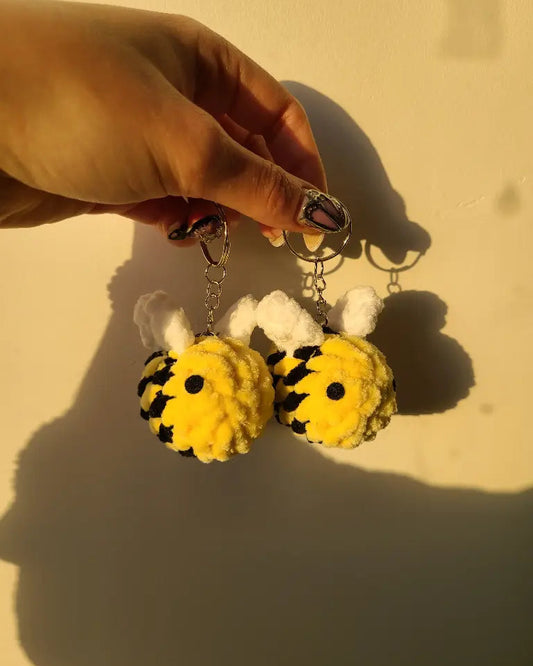 deux porte-clés abeilles jaunes et noires, polyester Oeko-Tex, format mini