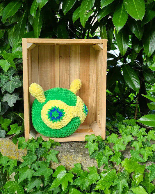 pogo au crochet vert et jaune, polyester Oeko-Tex, fil doux Oeko-Tex, fait main en France